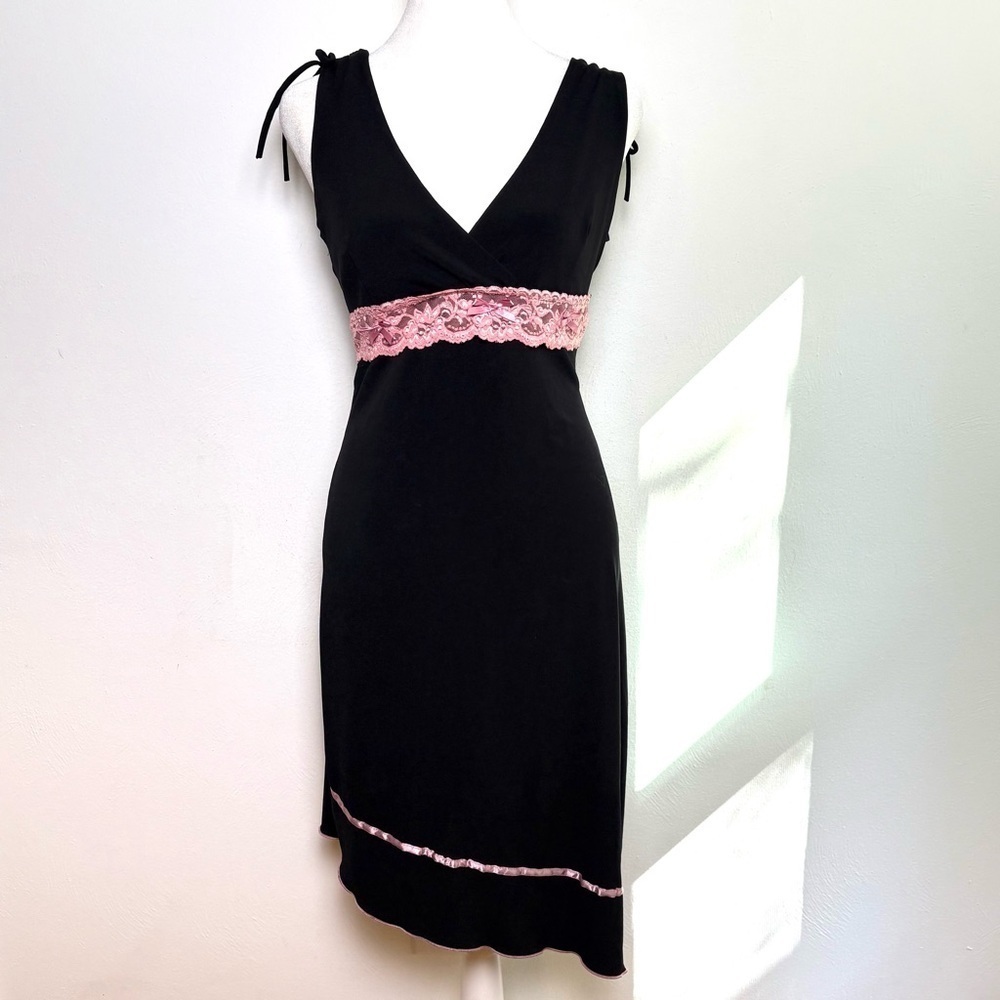Vintage 90s Y2K Coquette Asymmetrical Babydoll Stretchy Midi Dress Lace Bow S/M